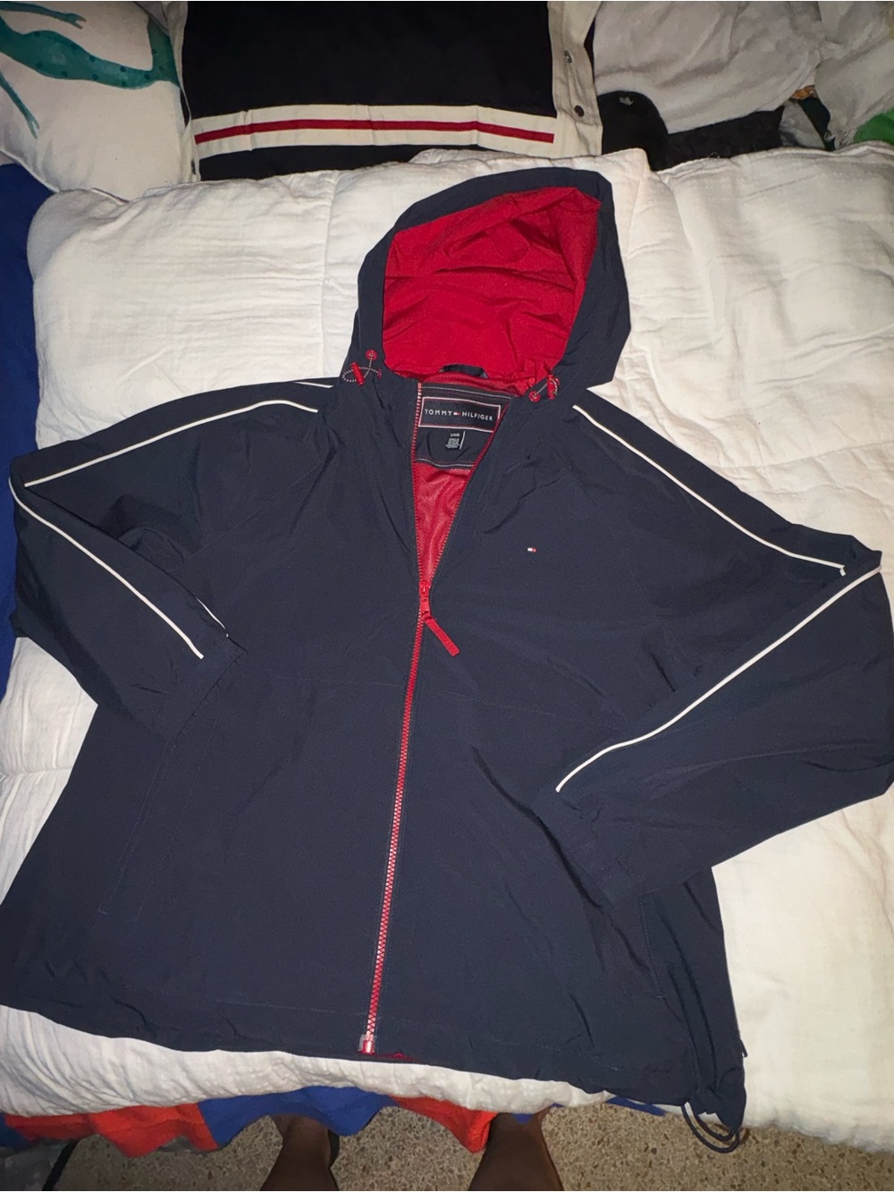 Tommy Hilfiger Navy Hooded Raincoat with Red Lining Women’s Large
